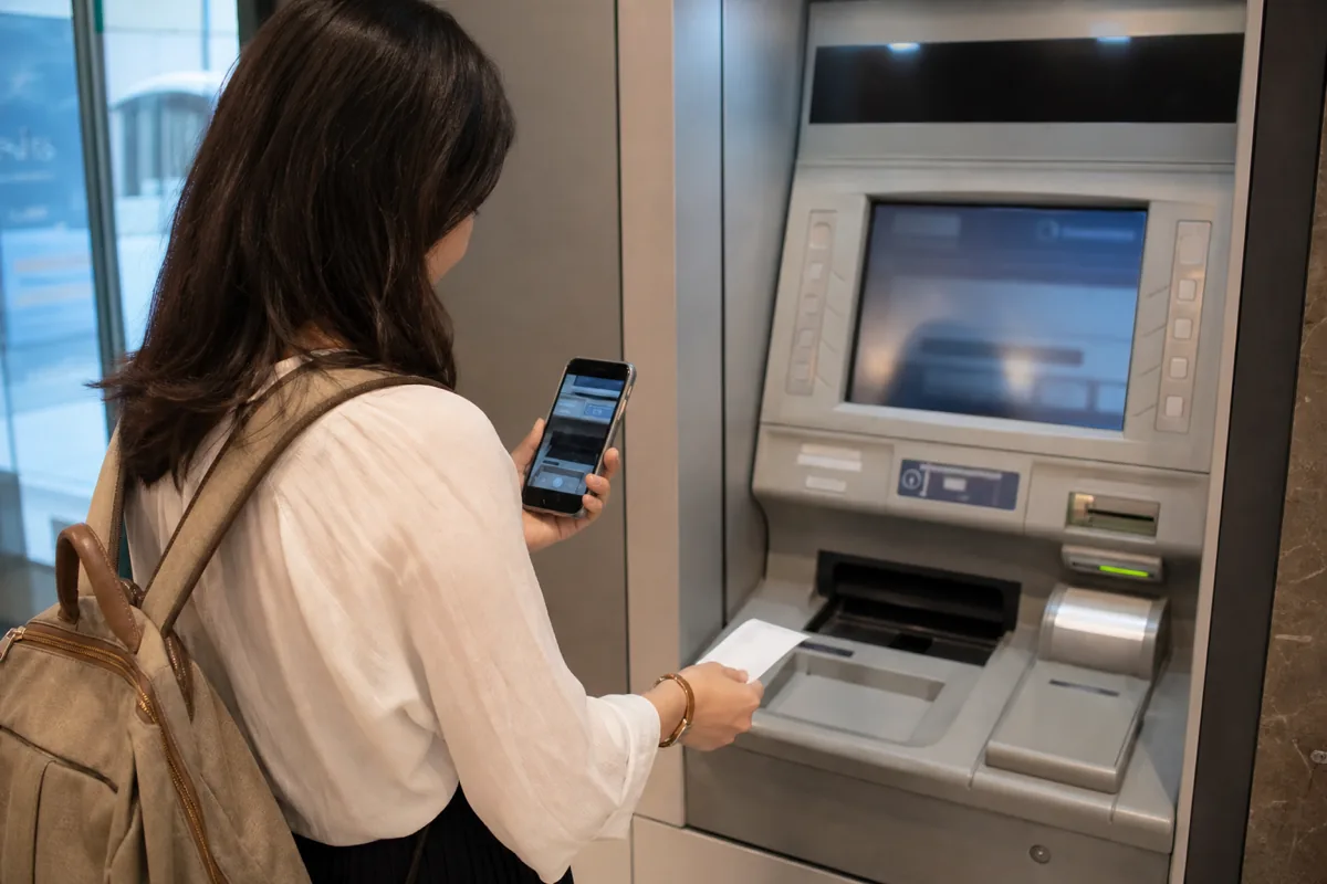 海外ATMで現金が出ないときにレシートとATM番号を記録する様子