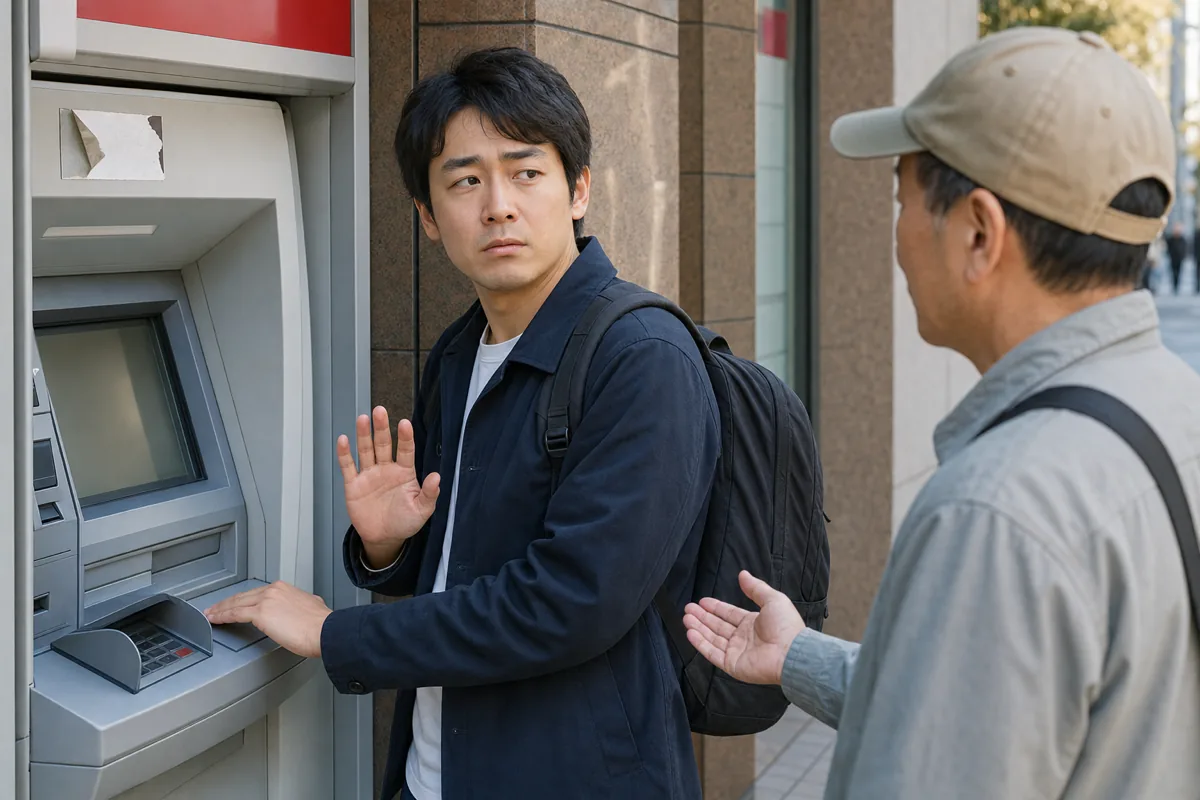 海外ATMで助けを装う人物と暗証番号の盗み見に注意するイメージ