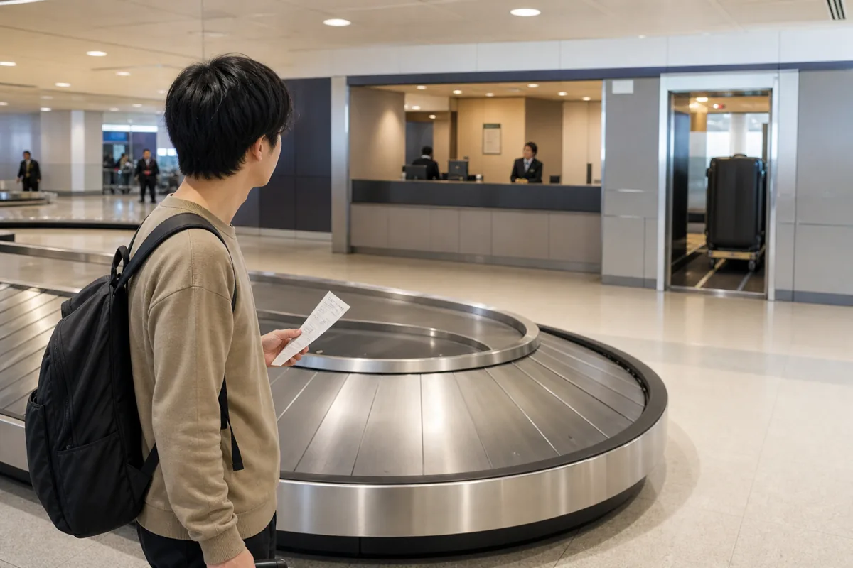 海外空港で停止した手荷物ターンテーブルと手荷物サービスカウンターを確認する旅行者
