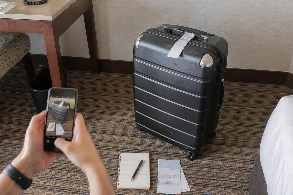 閉じたスーツケースと手荷物タグを撮影して連絡情報を整理する様子