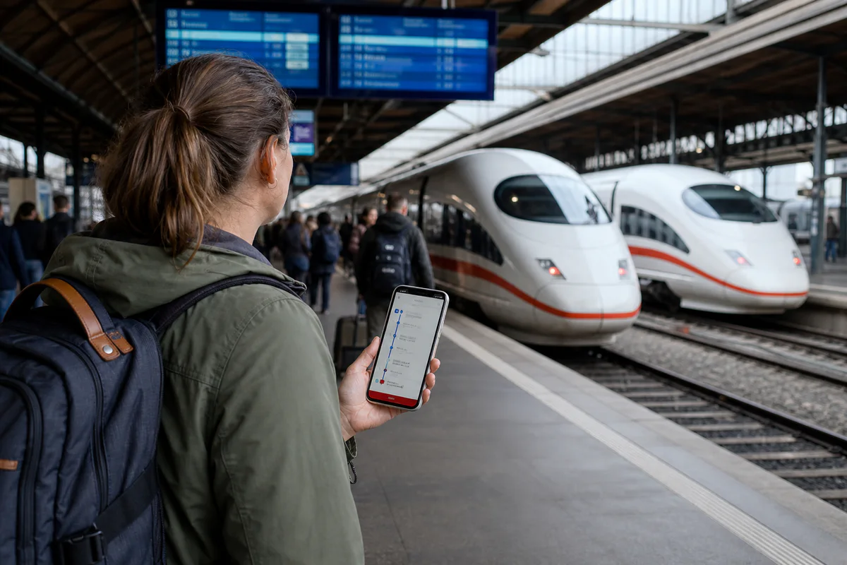 ドイツの駅でDB Navigatorを確認しながら代替の高速列車を選ぶ旅行者