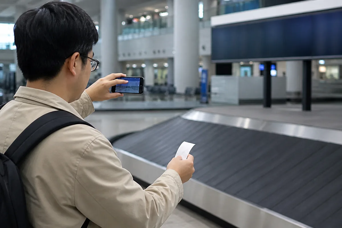 空になった手荷物ターンテーブルと手荷物預かり証を撮影する旅行者