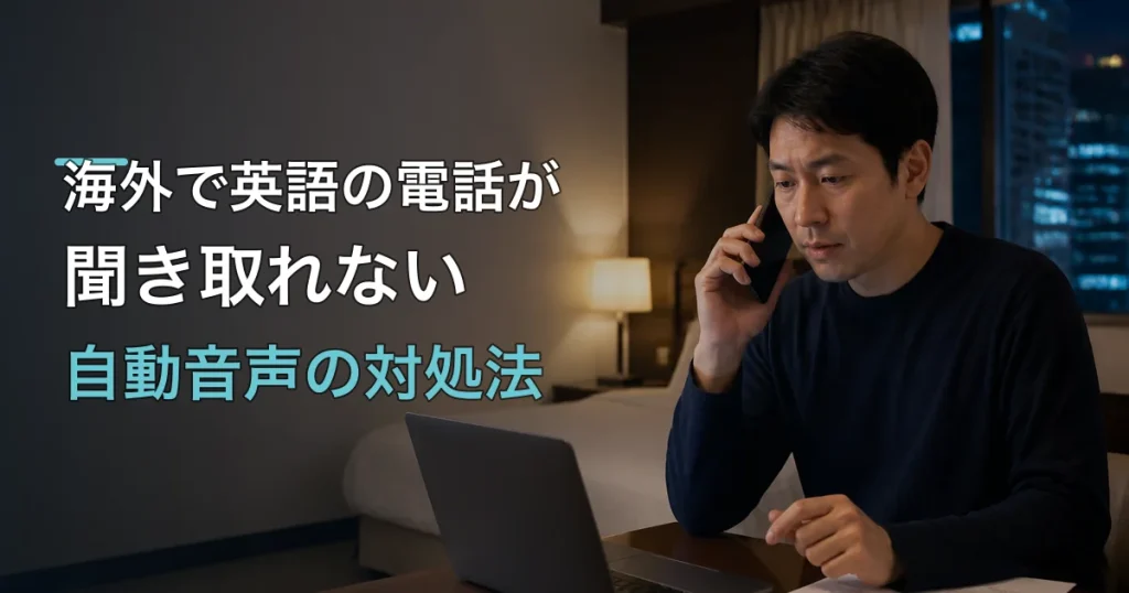 海外で英語の自動音声電話が聞き取れずスマートフォンを確認する旅行者