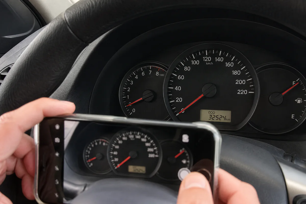 レンタカー返却前に満タンの燃料計と走行距離をスマートフォンで撮影する様子