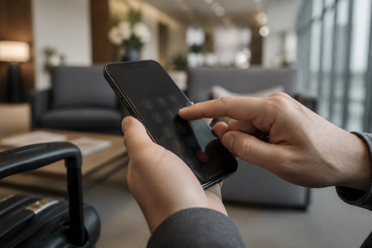 英語の自動音声案内を聞きながらスマートフォンの通話キーパッドを操作する手元