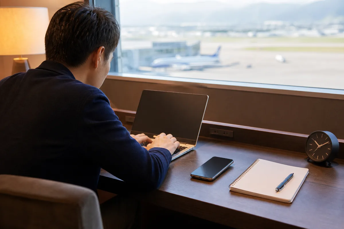 英語の電話をスマートフォンの字幕で確認しながらメールにも処理内容を残す旅行者