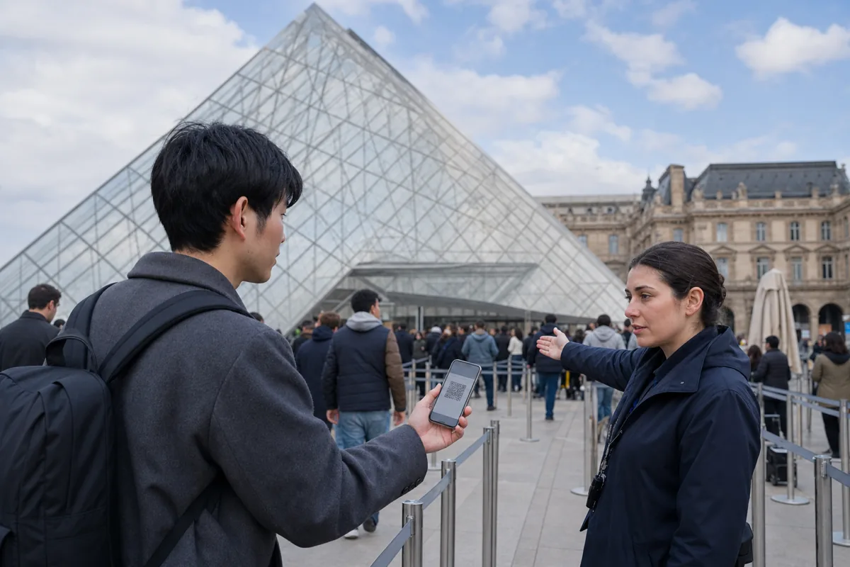 ルーブル美術館のピラミッド入口で予約時間に遅れた公式チケットを係員へ見せる旅行者