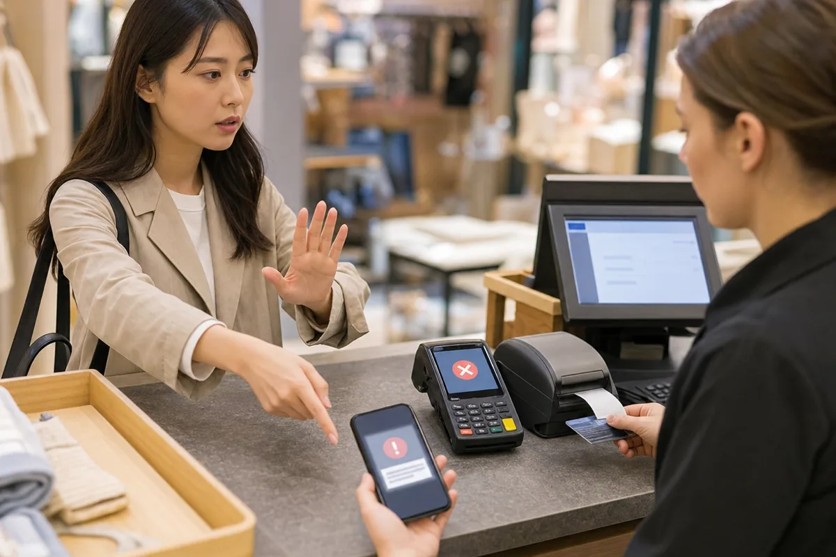 海外の店で決済端末はエラーだがスマートフォンには利用通知が届いた場面