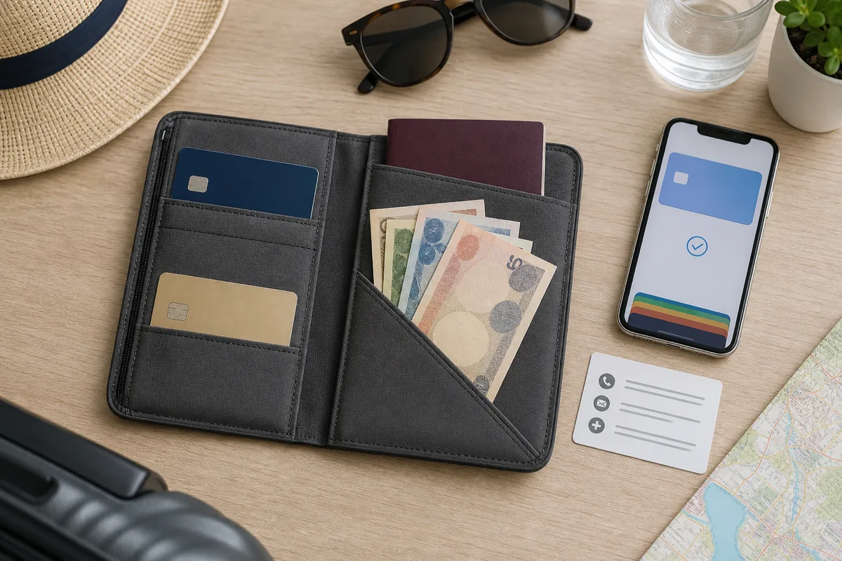 海外旅行で複数カードと少額現金を別々に保管するイメージ