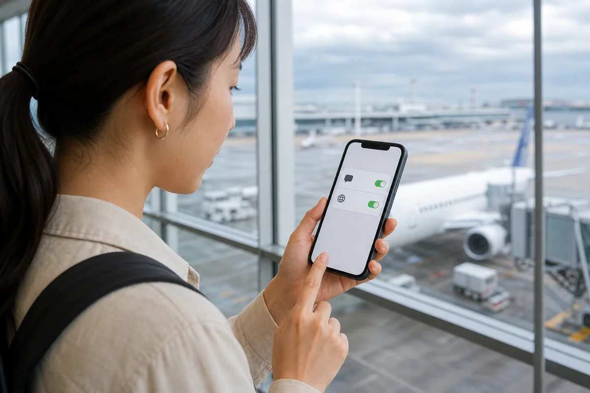 旅行用eSIMをデータ通信、日本のSIMをSMS受信用に分ける設定イメージ