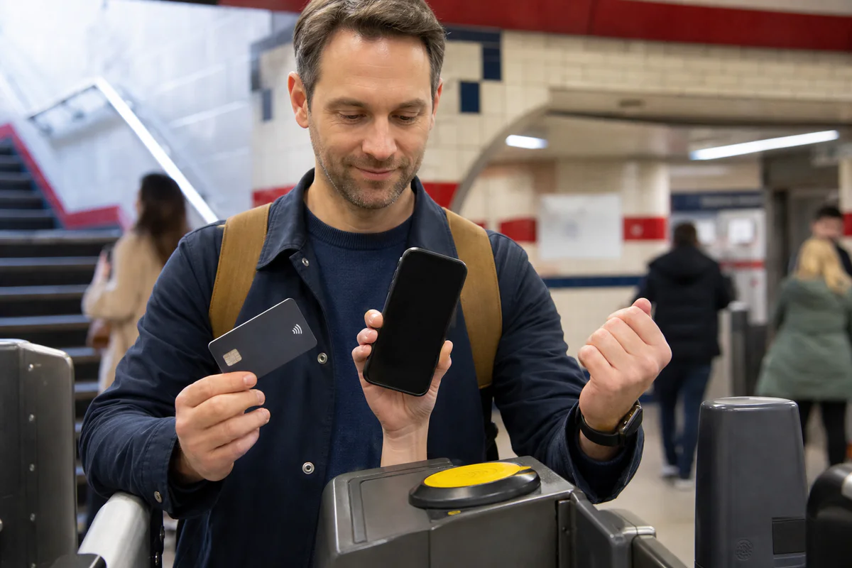 ロンドン地下鉄で物理カードとスマートフォンと腕時計を区別してタッチする様子
