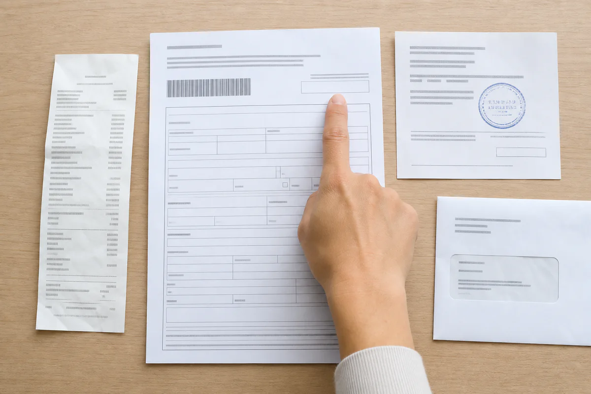 VAT免税のレシート、Tax Free Form、税関承認書類、返送封筒を並べて確認する様子