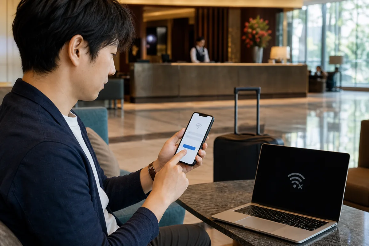 海外ホテルのWi-Fiには接続済みだがログイン画面が必要なスマートフォン